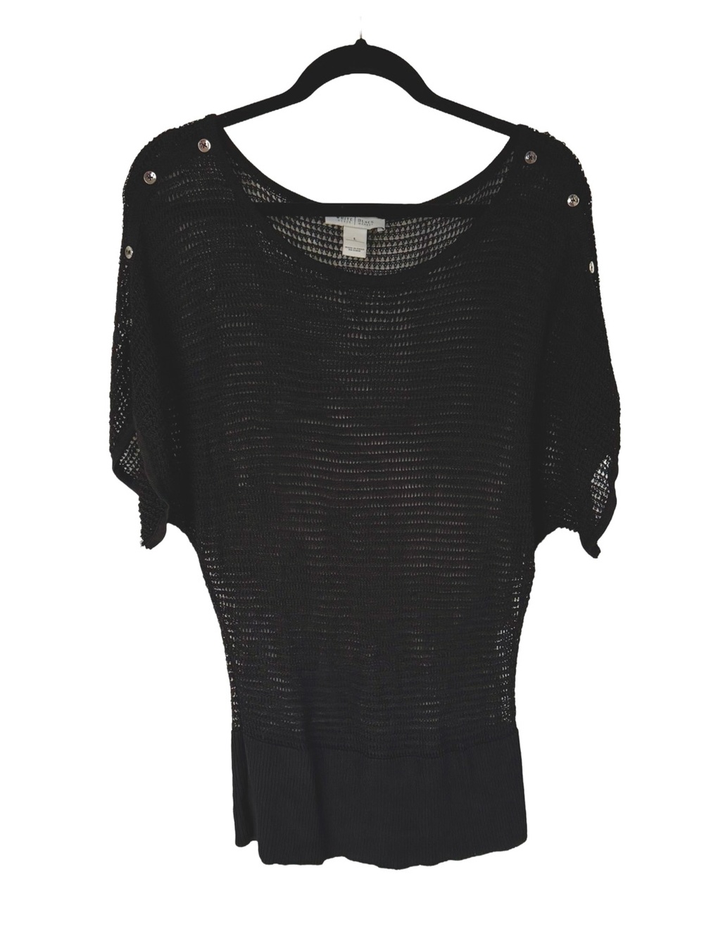 Black Open-Knit Dolman Sleeve Top with Metallic Shoulder Embellishments